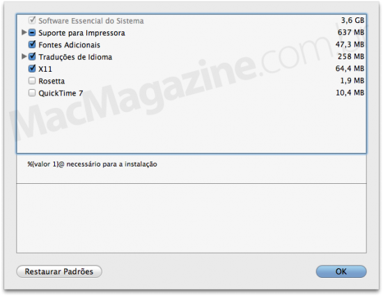 Mac OS X Snow Leopard インストーラー オプション選択